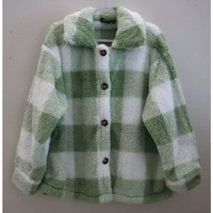 Eilly Bazar Women's Sz 1XL Green/White Checkered Teddy Fleece Cardigan Jacket